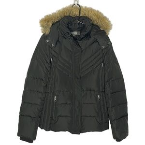 Kenneth Cole Black Quilted Puffer Jacket with Faux Fur Hood